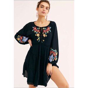 Free People Spell on You Black Floral Tunic Mini Dress‎ Small Boho Hippie Gypsy